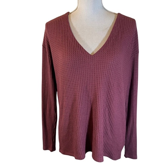 Express Dark Salmon Pink Waffle Knit Top Medium Cutout Strappy Back Long Sleeve - Picture 1 of 5